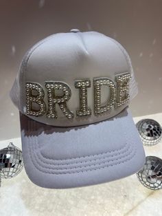 Bride white trucker hat with Pearl and crystal patches Hat With Pearls, White Trucker Hat, Nashville Bachelorette Party, Bridal Boxes, Svg Ideas, Wedding Dress Guide, Bachelorette Trip, Dress Guide, Heart Sunglasses