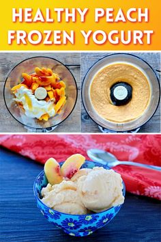 healthy peach frozen yogurt recipe in a glass bowl with fruit and ice cream