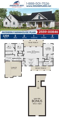 the floor plan for this modern farmhouse house is shown in two different colors and sizes