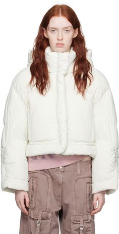 Off-White Hooded Down Jacket by Acne Studios on Sale Taffeta Jacket, White Duck, White Ducks, Duck Down, Funnel Neck, Logo Embroidered, Funnel, Outerwear Jackets, Down Jacket