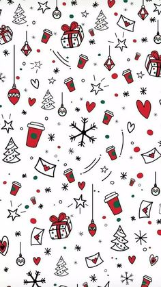 a white background with red and green christmas decorations on it, including stars, snowflakes, and hearts