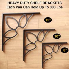 three metal shelf brackets are shown with measurements for each pair and the numbers below them