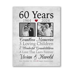 an anniversary card with two photos and the words 60 years on it, in black and white