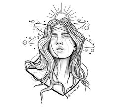 a drawing of a woman's face with the sun above her head