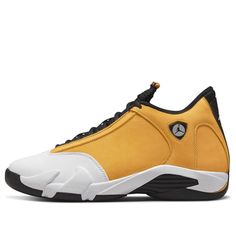 The Air Jordan 14 Retro 'Ginger' is a stylish and comfortable sneaker, perfect for any activity. It features a classic colorway of Light Ginger, Black, and White, with a sleek silhouette and Zoom Air cushioning for a responsive feel. The design is inspired by the original Air Jordan 14, and is sure to be a hit with any sneaker fan. It's crafted with premium leather for a luxurious feel, and its rubber sole ensures durability and traction. Whether you're on the court or the street, the Air Jordan 14 Retro 'Ginger' is the perfect shoe for you. (SNKR/Basketball) Sporty Slip-on High-top Sneakers For Sports, Casual High-top Fade-resistant Sneakers, Casual Jordan Lace-up Shoes For Streetwear, Casual Synthetic High-top Sneakers, Casual High-top Sneakers, Casual Lace-up Jordan Shoes For Streetwear, Casual Slip-on Sneakers Fade-resistant, Casual Slip-on Fade-resistant Sneakers, Casual Jordan Shoes With Boost Midsole For Streetwear