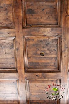 a close up of a door with wood paneling