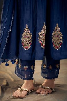 Blue chanderi anarkali with floral marodi embroidery. Comes with embroidered hem pant and scallop dupatta. - Aza Fashions Marodi Embroidery, Marodi Work, Scallop Dupatta, Bride Fashion Photography, Surface Ornamentation, Chanderi Anarkali, Desi Fits, Ethnic Dresses, Function Dresses