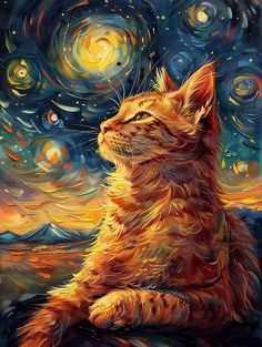 a painting of a cat sitting in front of a night sky