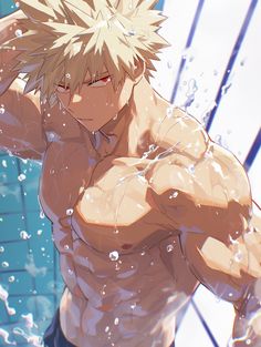 an anime character with blonde hair and no shirt on, standing in the water holding his hands behind his back