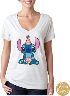 Stitch Birthday Shirt, Adult Disney Shirts, Lilo And Stitch Birthday, Lilo And Stitch Shirt, Blue Alien, Stitch Birthday, Glitter Shirt, Stitch Clothes, Cute Shirt Designs