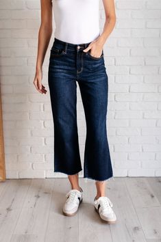 Elevate your denim game with Madeline High Rise Cropped Wide Leg Jeans. The high rise and wide leg create a flattering silhouette while the slimming tummy control technology keeps you feeling confident. The cropped raw hemline adds a touch of edge to the dark wash. Cropped Wide Leg Jeans, Feeling Confident, Top 4, Sweater Jacket