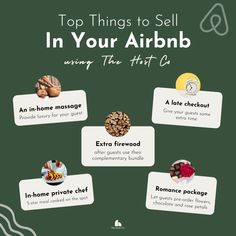 Starting an Airbnb store? Here are the top-selling items hosts are selling using The Host Co's digital stores. In-home massage, extra firewood, late check-outs, in-home private chefs, and romance packages. What would you sell? Renting Tips, Start An Airbnb, Airbnb Templates, Host Tips, Airbnb Business