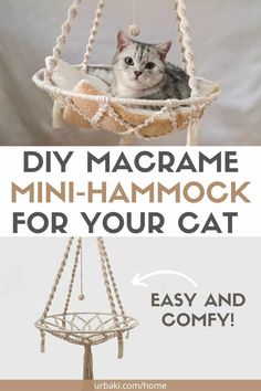 DIY Macrame Mini-Hammock for Your Cat Cat Hammock Macrame Diy, Macrame Cat Hammock Pattern, Cat Bed Macrame Tutorial, Diy Macrame Cat Hammock Tutorial, Macrame Cat Bed Tutorial, Diy Hanging Cat Bed, Macrame Cat Bed Diy, Macrame Cat Hammock Pattern Free, Diy Cat Accessories