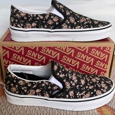 New In The Box Authentic Women’s Vans Classic Slip-On Rose Dreams Black/White Vn0a5jmhmcg Sneakers Casual Vans Sneakers With Floral Print, Vans Low-top Floral Print Sneakers, Shoes Vans, Vans Black, Vans Classic Slip On, Vans Sneakers, Walker Boots, Vans Classic, Womens Vans