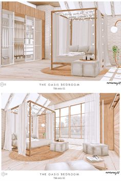 two renderings of a bedroom with four poster bed and white curtains on the windows