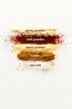 three different types of spices are shown in this graphic style, with the words garlic powder chili powder onion powder cumin sea salt