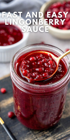 cranberry sauce in a glass jar with a spoon