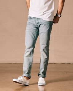 Slim fit selvedge denim from a titan of all things Americana Urban Style Selvedge Jeans With Relaxed Fit, Faded Selvedge Denim Jeans, Straight Leg Selvedge Washed Blue Jeans, Washed Blue Straight Leg Selvedge Jeans, Casual Light Wash Selvedge Jeans, Washed Blue Selvedge Straight Leg Jeans, Fitted Faded Selvedge Jeans, Washed Blue Selvedge Rigid Denim Bottoms, Fitted Selvedge Jeans In Faded Color