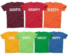 six t - shirts with the words dopey, sleepy, bashful and grumpy on them