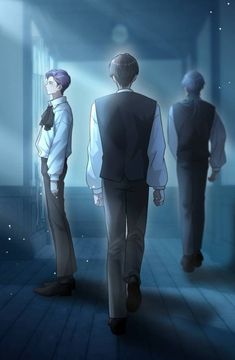 three people walking down a hallway in an anime style setting, one man is wearing a white shirt and the other has a black tie