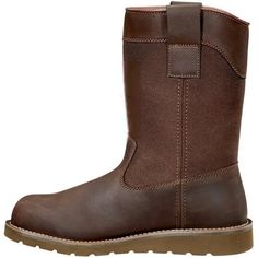 Carhartt Men's 10" Steel Toe Waterproof Wellington Wedge Work Boot -Dark Brown- FW1230-M On Sale Now! This Item Ships FREE! Slip-on convenience meets all-weather versatility in these men's rugged 10-inch Wellington boots. A waterproof-breathable membrane works with the sweat-wicking liner to keep your feet warm and dry in all weather. A steel toe adds critical impact resistance, while a reinforced shaft stands up to daily wear on the farm. The durable rubber tread sheds mud and holds firm on sli Western Style Brown Insulated Work Boots, Brown Western Insulated Work Boots, Brown Hunting Work Boots With Round Toe, Brown Insulated Work Boots For Hunting, Wedge Work Boots, Mens Rugged, Hard Working Man, Wellington Boot, Wellington Boots