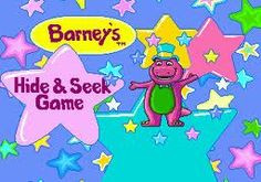 an image of a cartoon character with stars in the background that says barny's hide and seek game