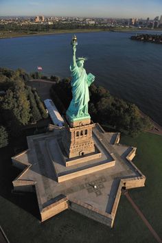 an aerial view of the statue of liberty