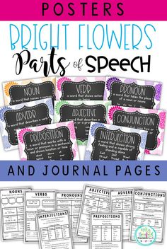 four posters with the words'bright flowers parts of speech and journal pages