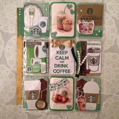 starbucks magnets are arranged on the wall with coffee related items and tags attached to them