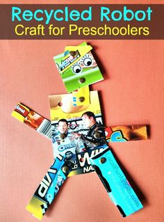 the recycled robot craft for preschoolers is shown