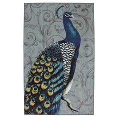 a blue and yellow peacock on a gray background