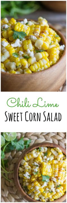 grilled corn salad with cilantro, lime and sweet corn in a wooden bowl