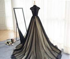 Gothic Black Wedding Dresses Champagne Lining High Neck Lace Appliques Capped Sleeves Zipper up Sweep Train Wedding Dress Cheap Bridal Gown sold by nikebridal on Storenvy Black Tulle Prom Dress, Prom Dresses Long Black, Dresses High Neck, High Neck Prom Dress, Sweep Train Prom Dress, Sweep Train Wedding Dress, Prom Dress Black, Homecoming Party, Tulle Evening Dress