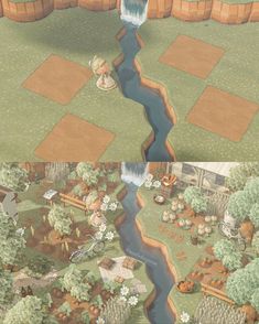 two views of the same area in animal crossing, one with water and another with trees