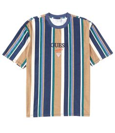 From Guess&#x2C; this tee features:crew neckline short sleevesvertical stripe patternpullover styling"Guess" logo at center chestsquare hemcottonmachine wash/line dryImported. Sporty Striped Crew Neck T-shirt, Sporty Summer Tops With Signature Stripes, Sporty Striped Summer Tops, Summer Short Sleeve T-shirt With Signature Stripes, Casual T-shirt With Signature Stripes And Short Sleeves, Casual Short Sleeve Tops With Signature Stripes, Casual Summer Tops With Signature Stripes, Spring Crew Neck T-shirt With Contrast Stripes, Casual Crew Neck Tops With Signature Stripes