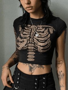 Vintage Skeleton Printed Crop Top - HouseofHalley Black Gothic T-shirt For Summer, Fitted Gothic T-shirt For Fall, Black Skull Print T-shirt For Spring, Fitted Skull Print Top For Summer, Fitted Skull Print Summer Tops, Fitted Skull Print Tops For Summer, Spring Black T-shirt With Skull Print, Fitted Grunge Crew Neck Crop Top, Fitted Grunge T-shirt For Night Out