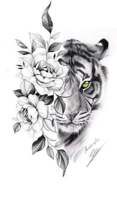 a drawing of a tiger with flowers on it's chest and eyes, in black and white