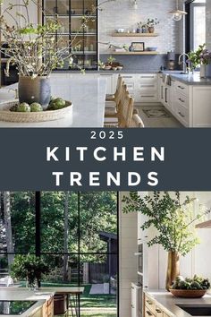 the kitchen is decorated in white and has lots of greenery on it's counter tops