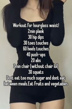 a woman in short shorts and black shirt with the words workout for hourglass waist