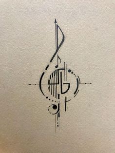 a drawing of a musical note with an arrow on it's side and the word music written in cursive writing