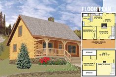 the floor plan for this small log cabin is very large and has two levels to sit on