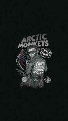 an image of a skeleton on the back of a motorcycle with words arctic monkeys written in it