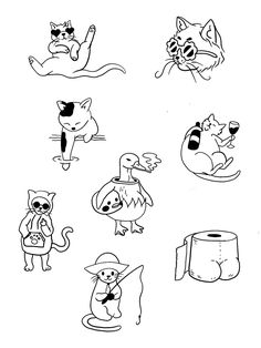 several cartoon animals are drawn in black and white