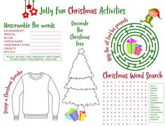 a christmas activity sheet with an image of a tree, presents and a maze board