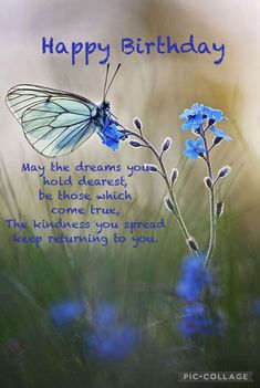 a blue butterfly sitting on top of a flower with the words happy birthday written below it