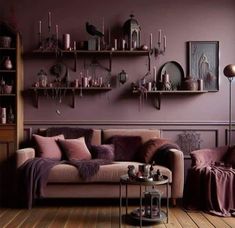 Mauve House Decor, Dark Mauve Accent Wall, Dark Mauve Living Room, Deep Mauve Bedroom, Colorful Moody Living Room, Mauve Home Decor, Moody Purple Room, Mauve Walls Bedroom, Moody Pink Living Room