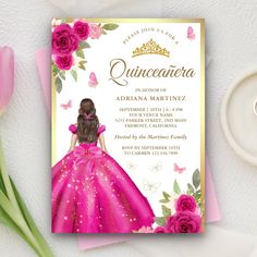 Amaze your guests with this elegant invite featuring beautiful watercolor flowers and pretty gown. Simply add your event details on this easy-to-use template to make it a one-of-a-kind invitation. Gold Quinceanera, Dress Butterfly, Quinceanera Invitation, Hot Pink Floral, Quinceanera Invitations, Event Details, Pink Floral Dress, Beautiful Watercolor, Elegant Invitations