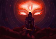 a man sitting on top of a red rock next to a giant alien head with glowing eyes