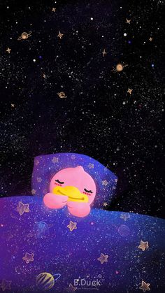 a pink stuffed animal sitting on top of a purple bed covered in stars and confetti