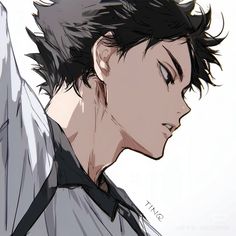 an anime character with black hair and gray shirt looking down at his left shoulder while he's wearing a tie